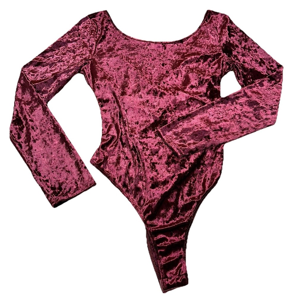 Lush Crushed Velvet Long Sleeve Bodysuit Burgundy Wine Holiday Party Women's L - Picture 2 of 10